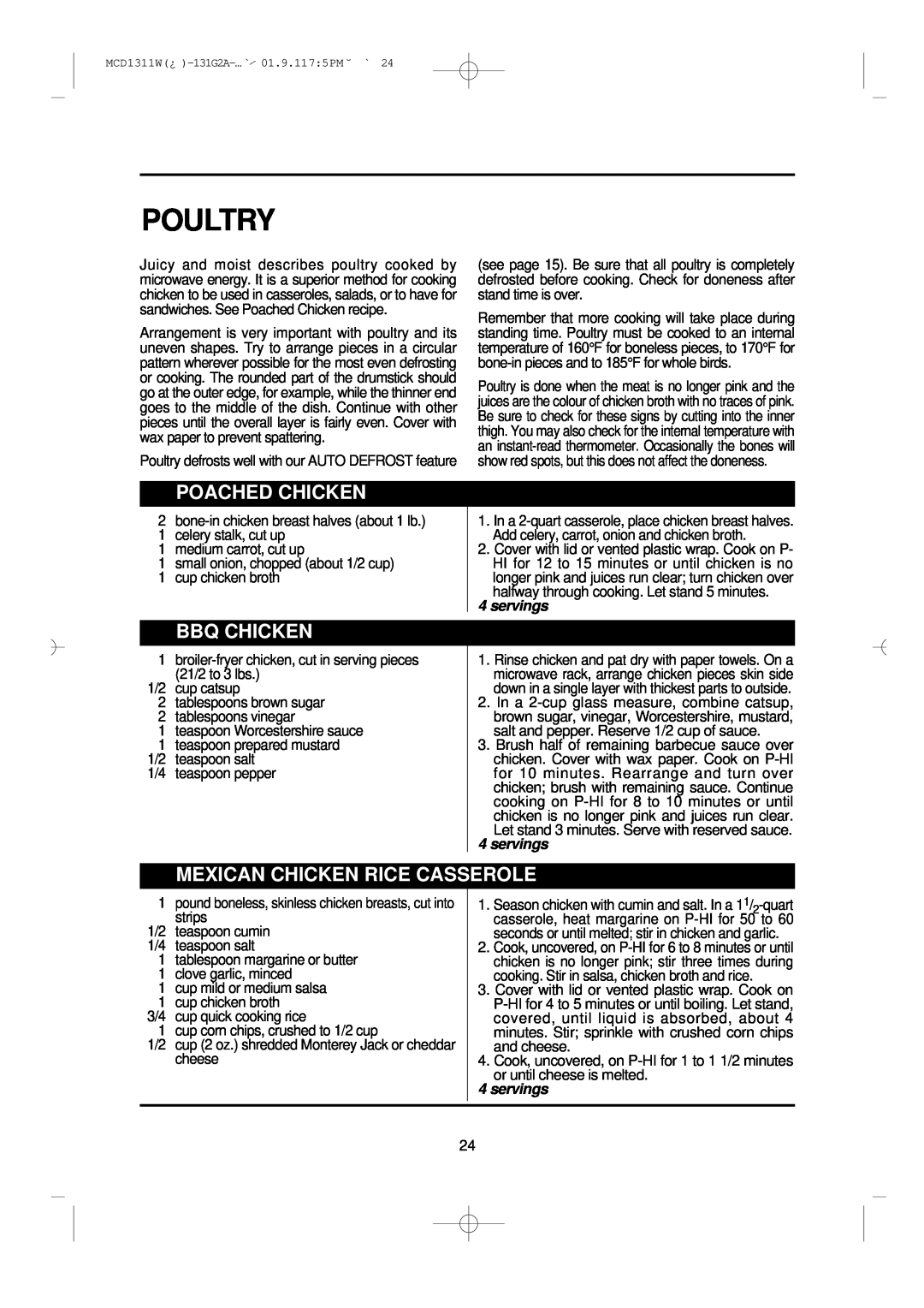 Magic Chef MCD1311W instruction manual Poultry, Poached Chicken, Bbq Chicken, Mexican Chicken Rice Casserole, servings 