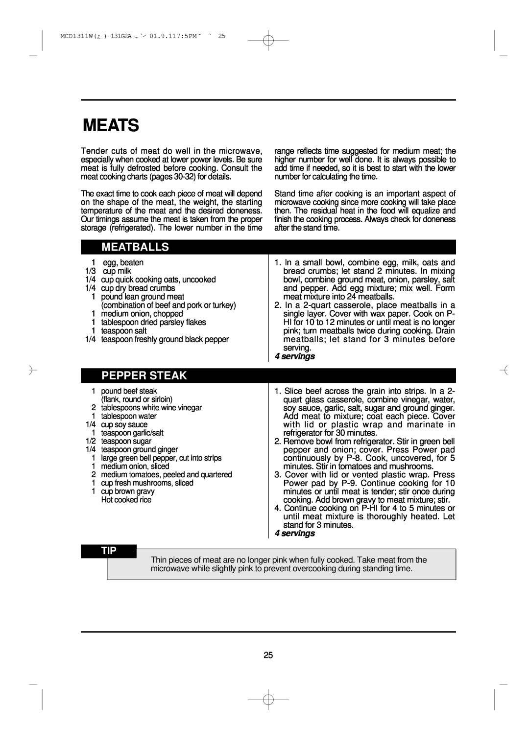 Magic Chef MCD1311W instruction manual Meats, Meatballs, Pepper Steak, servings 