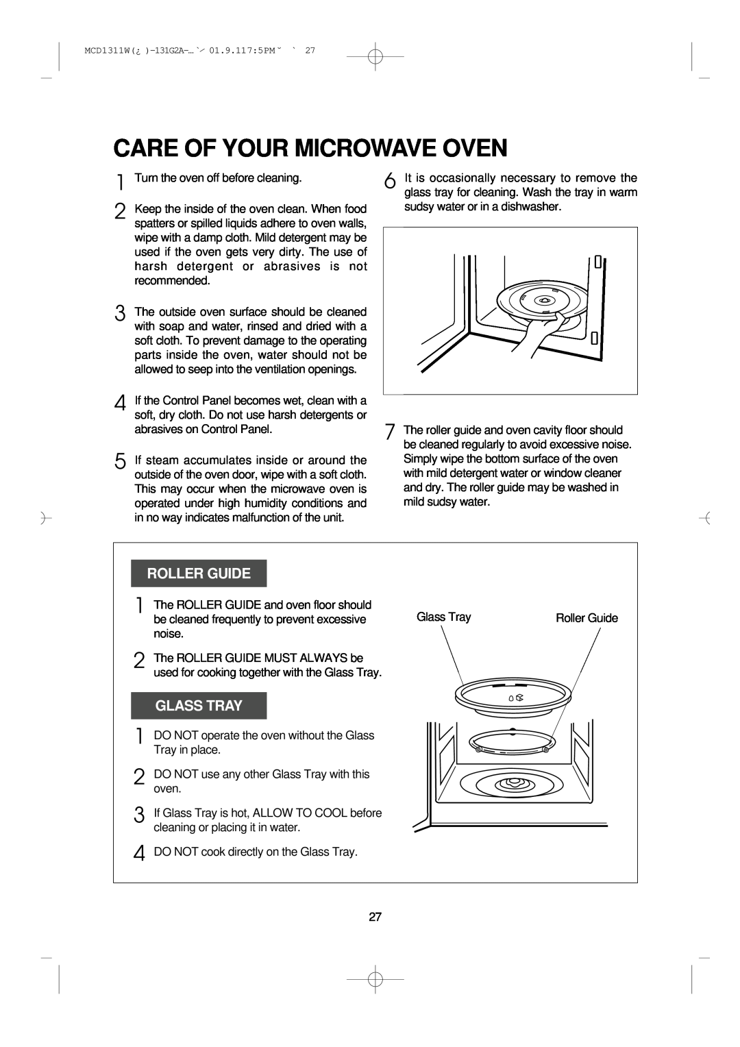 Magic Chef MCD1311W instruction manual Care Of Your Microwave Oven, 1 2 3 4, Roller Guide, Glass Tray 