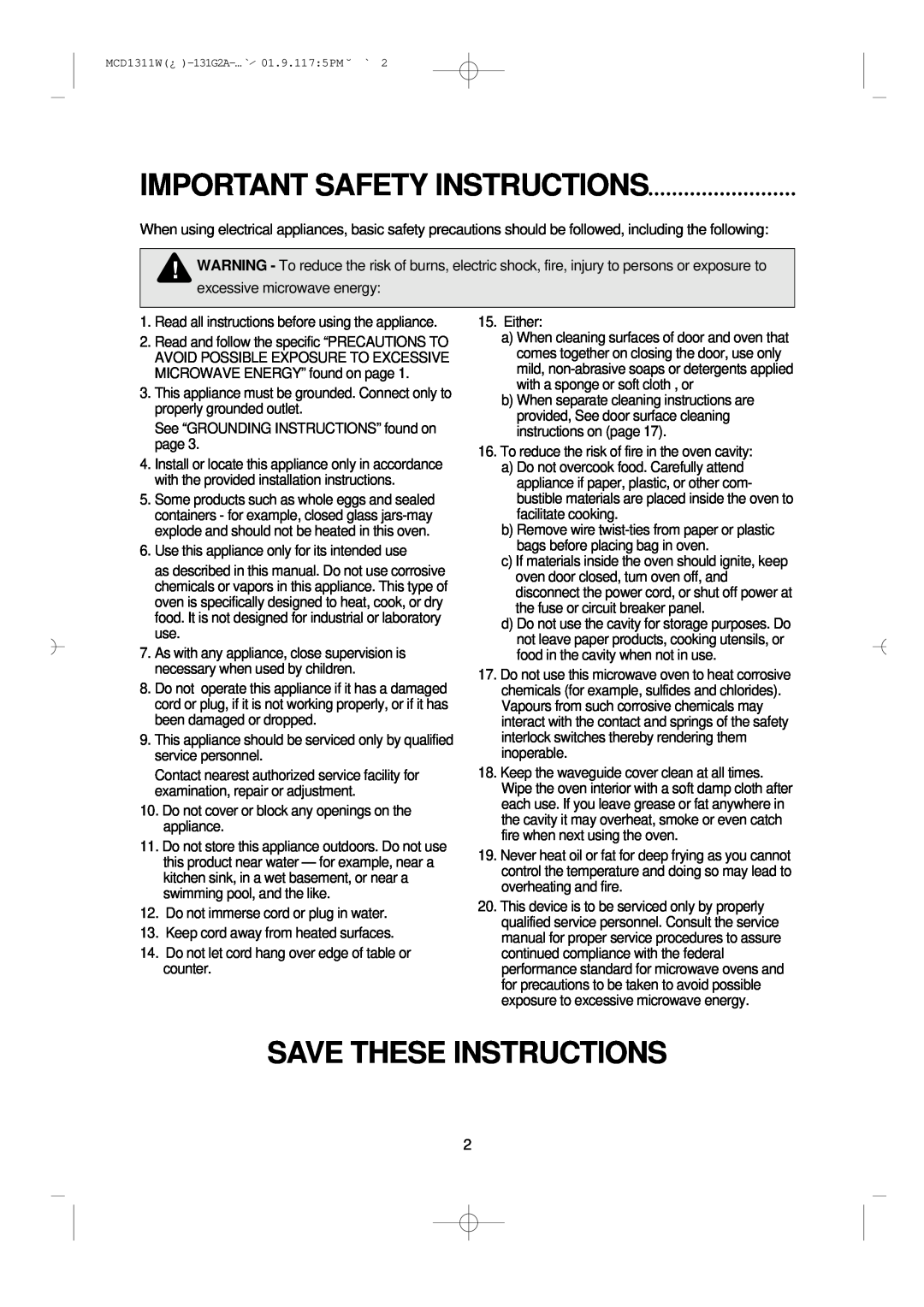 Magic Chef MCD1311W instruction manual Important Safety Instructions, Save These Instructions 
