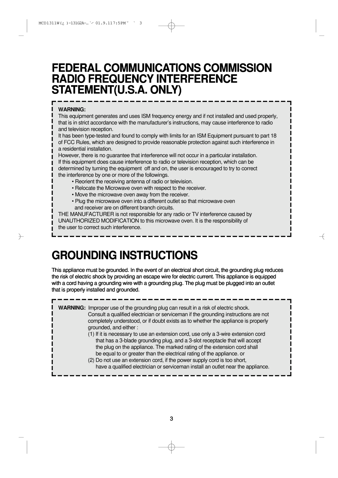 Magic Chef MCD1311W instruction manual Grounding Instructions 