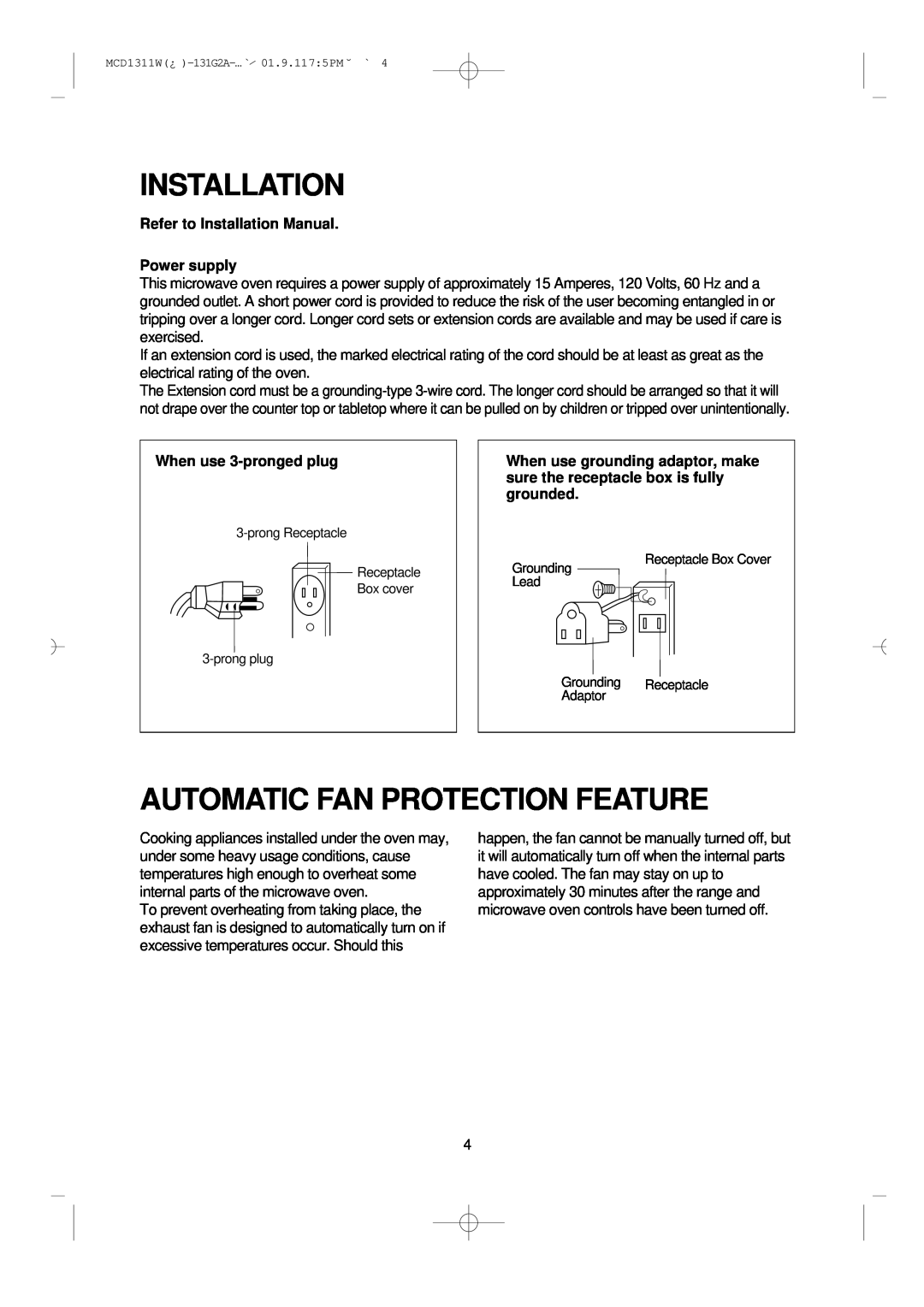 Magic Chef MCD1311W instruction manual Automatic Fan Protection Feature, Refer to Installation Manual Power supply 