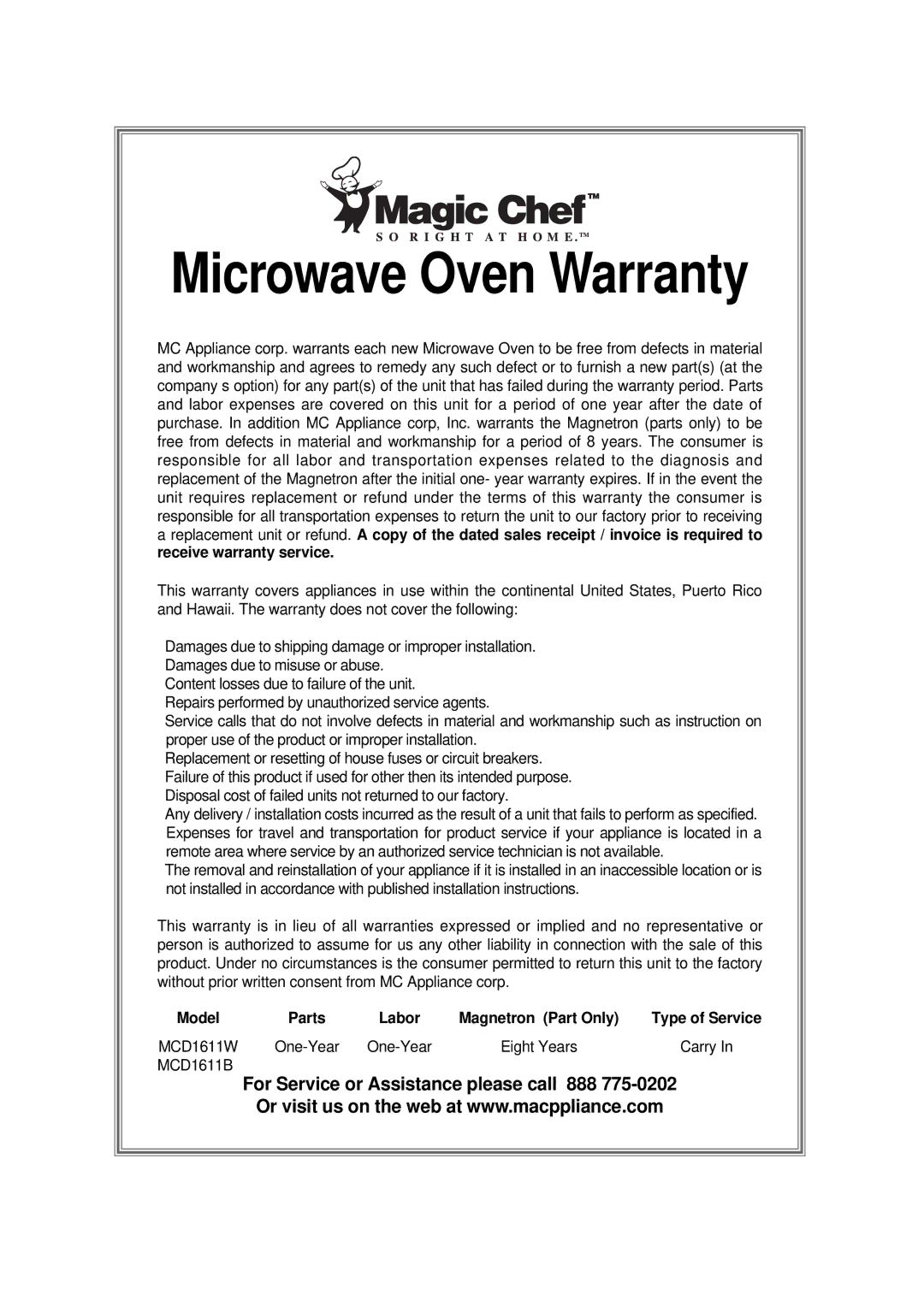 Magic Chef MCD1611B manual Microwave Oven Warranty 