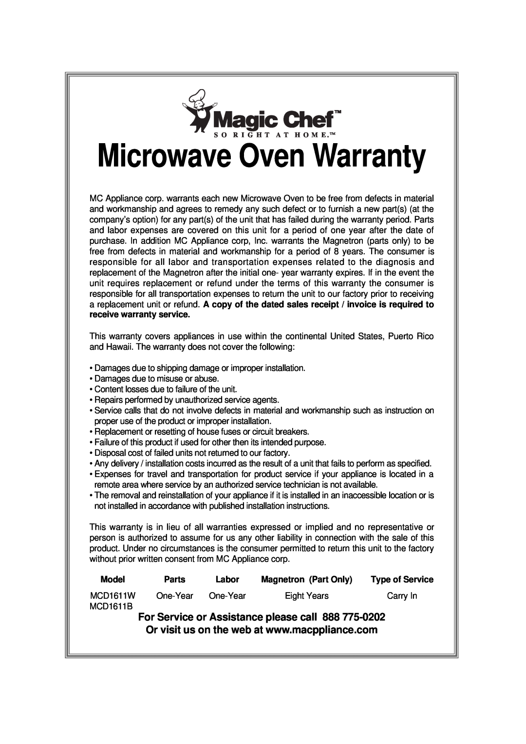 Magic Chef MCD1611B manual Microwave Oven Warranty, Model, Parts 