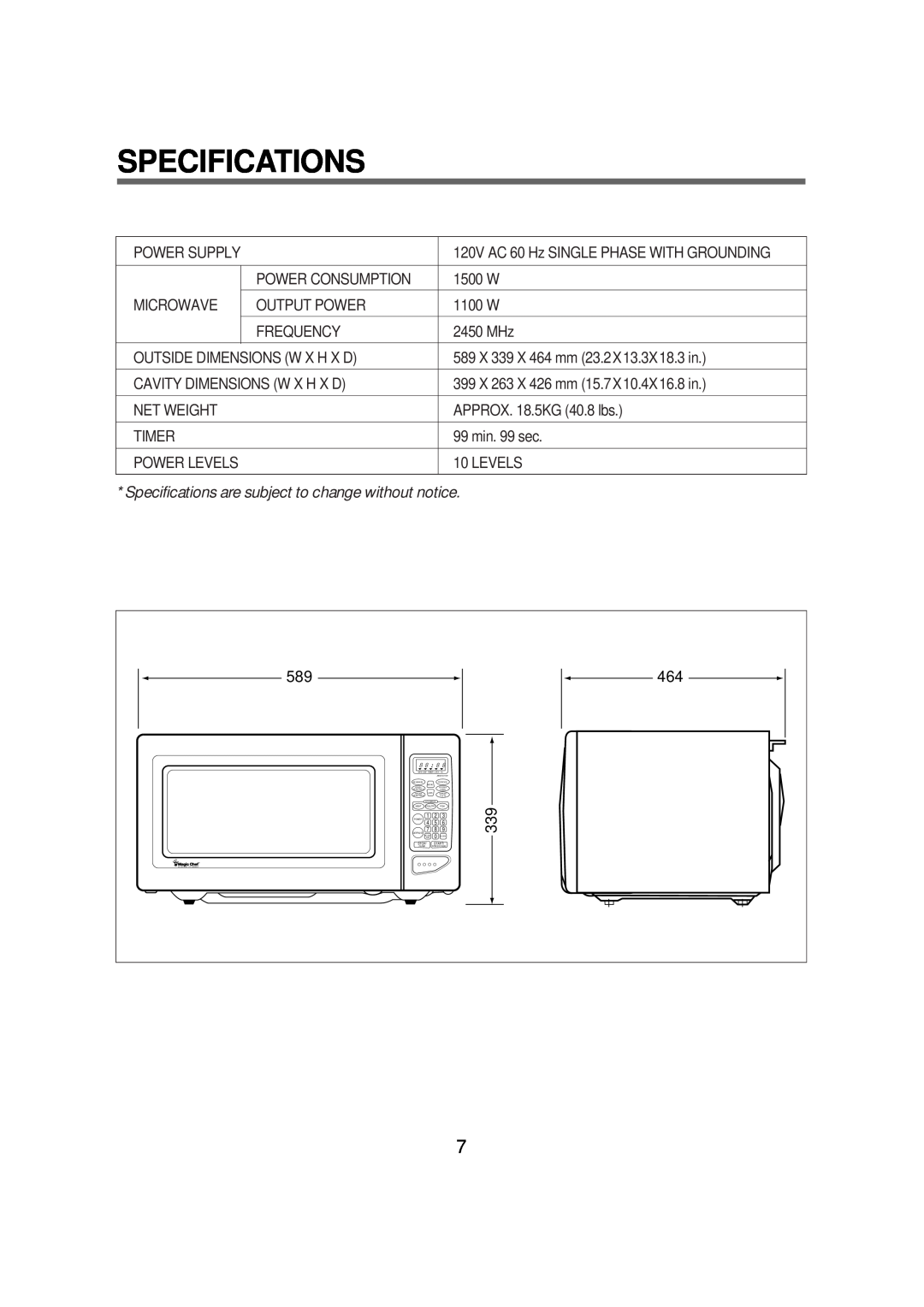Magic Chef MCD1611B manual Specifications are subject to change without notice 