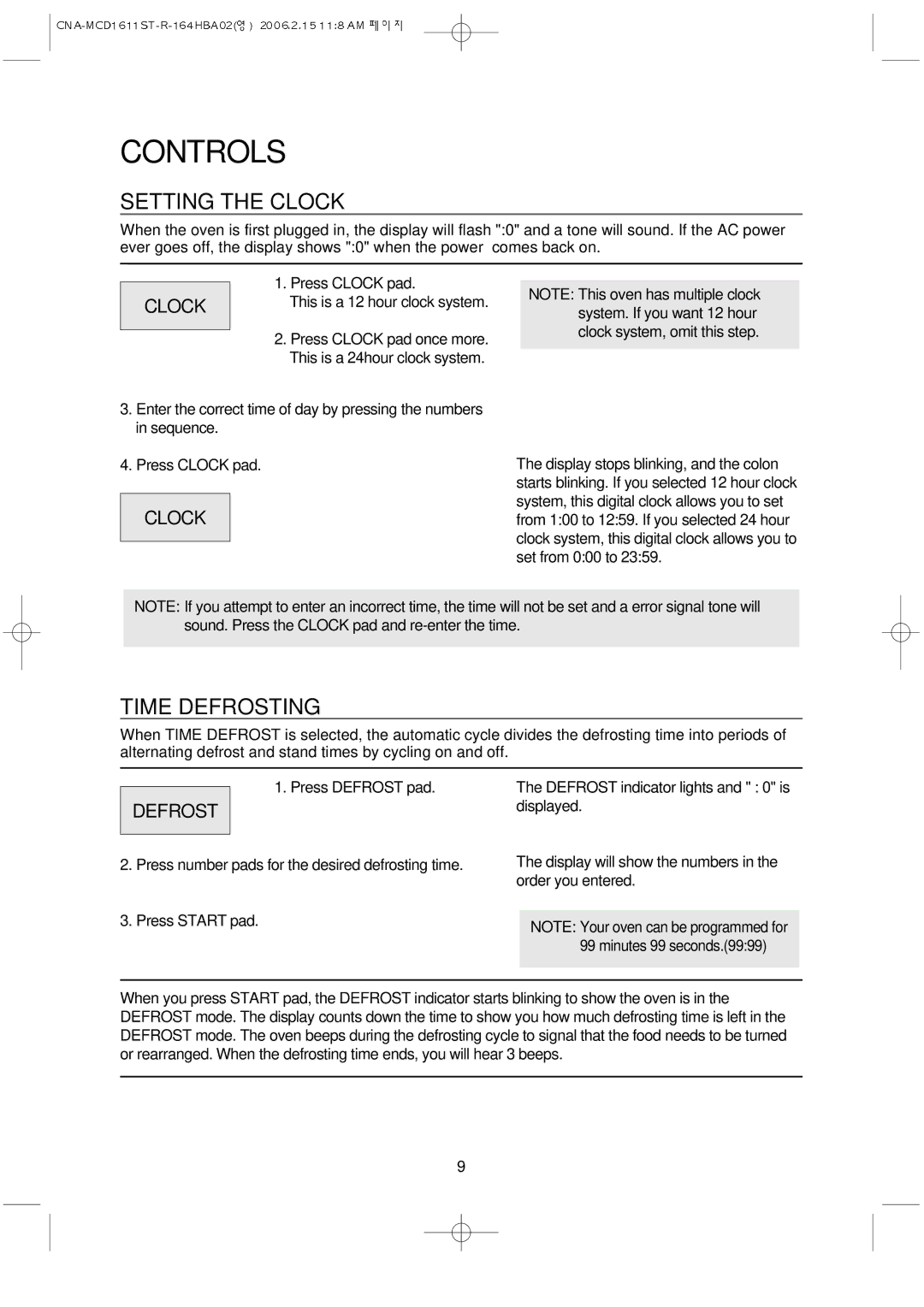 Magic Chef MCD1611ST manual Controls, Setting the Clock, Time Defrosting 