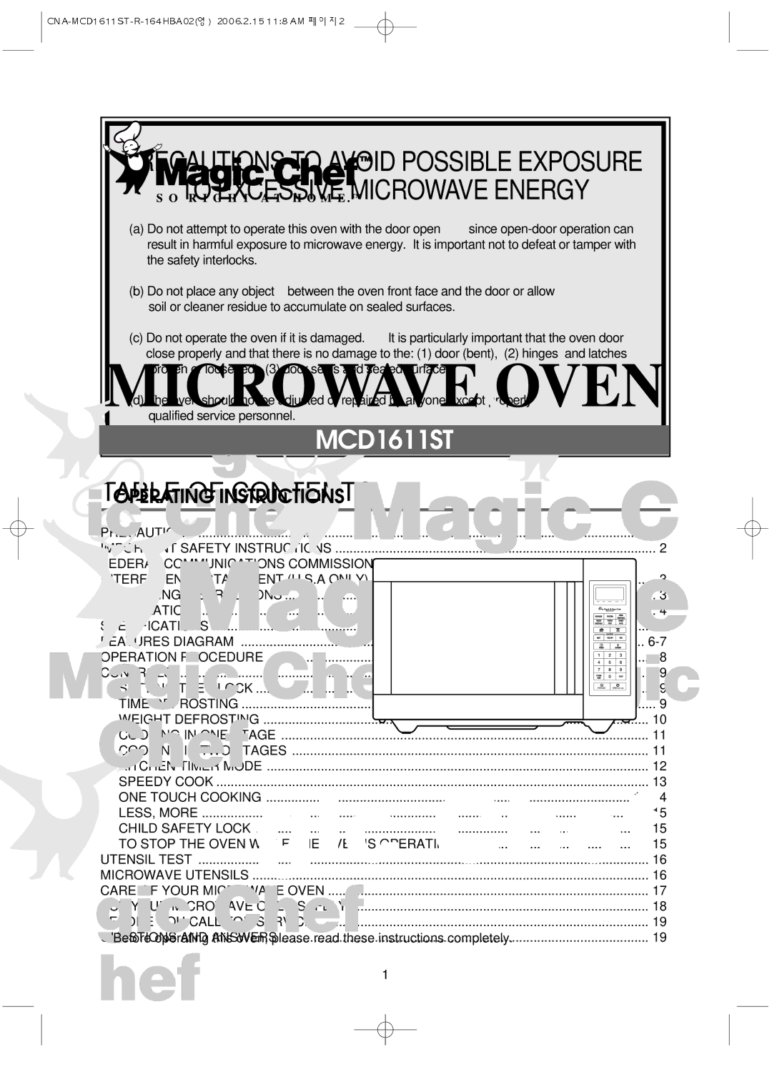 Magic Chef MCD1611ST manual Table of Contents 