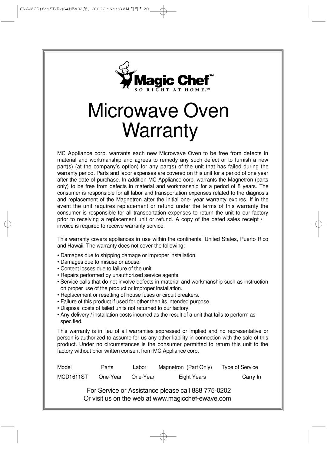 Magic Chef MCD1611ST manual Microwave Oven Warranty 