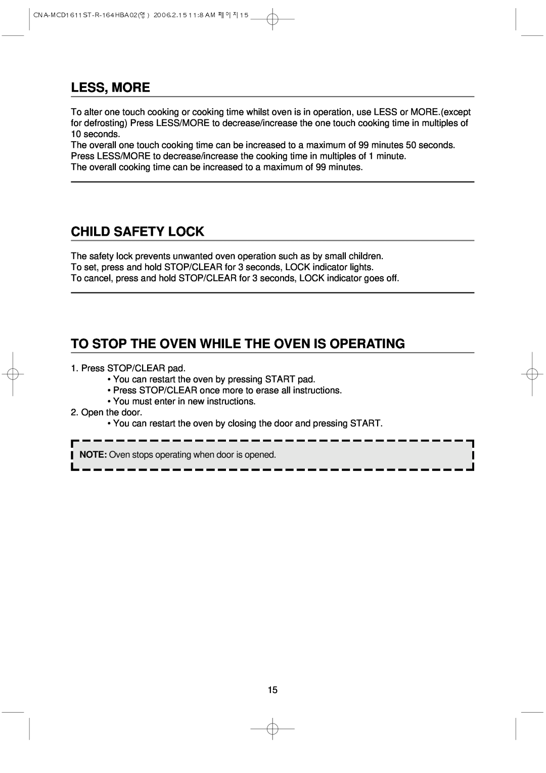 Magic Chef MCD1611ST manual Less, More, Child Safety Lock, To Stop The Oven While The Oven Is Operating 