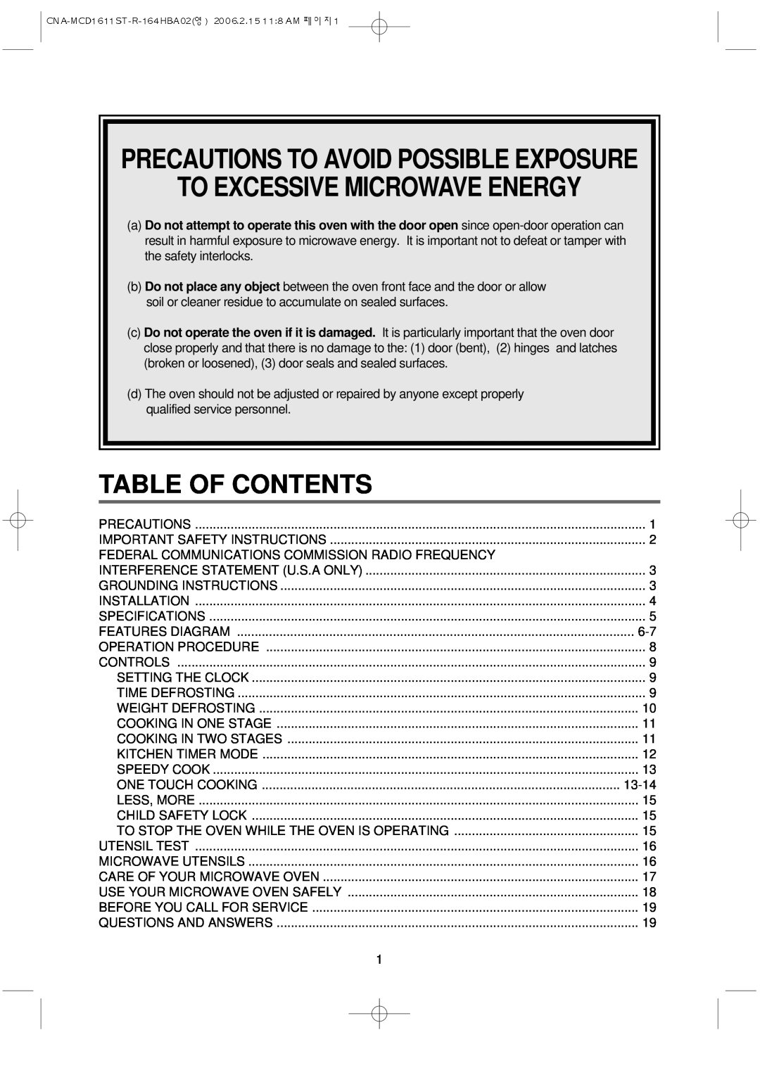 Magic Chef MCD1611ST manual Precautions To Avoid Possible Exposure, To Excessive Microwave Energy, Table Of Contents 