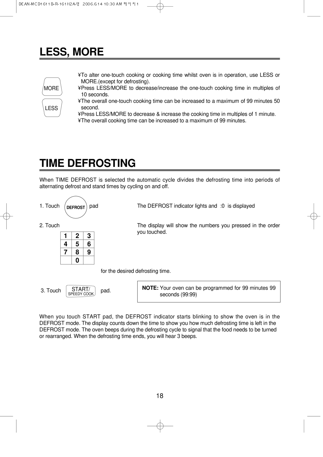 Magic Chef MCD1611W manual LESS, More, Time Defrosting 