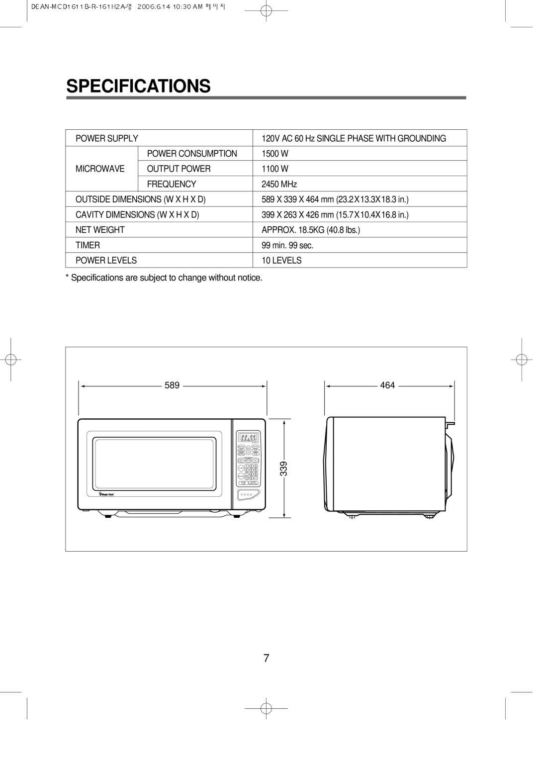 Magic Chef MCD1611W manual Specifications are subject to change without notice 