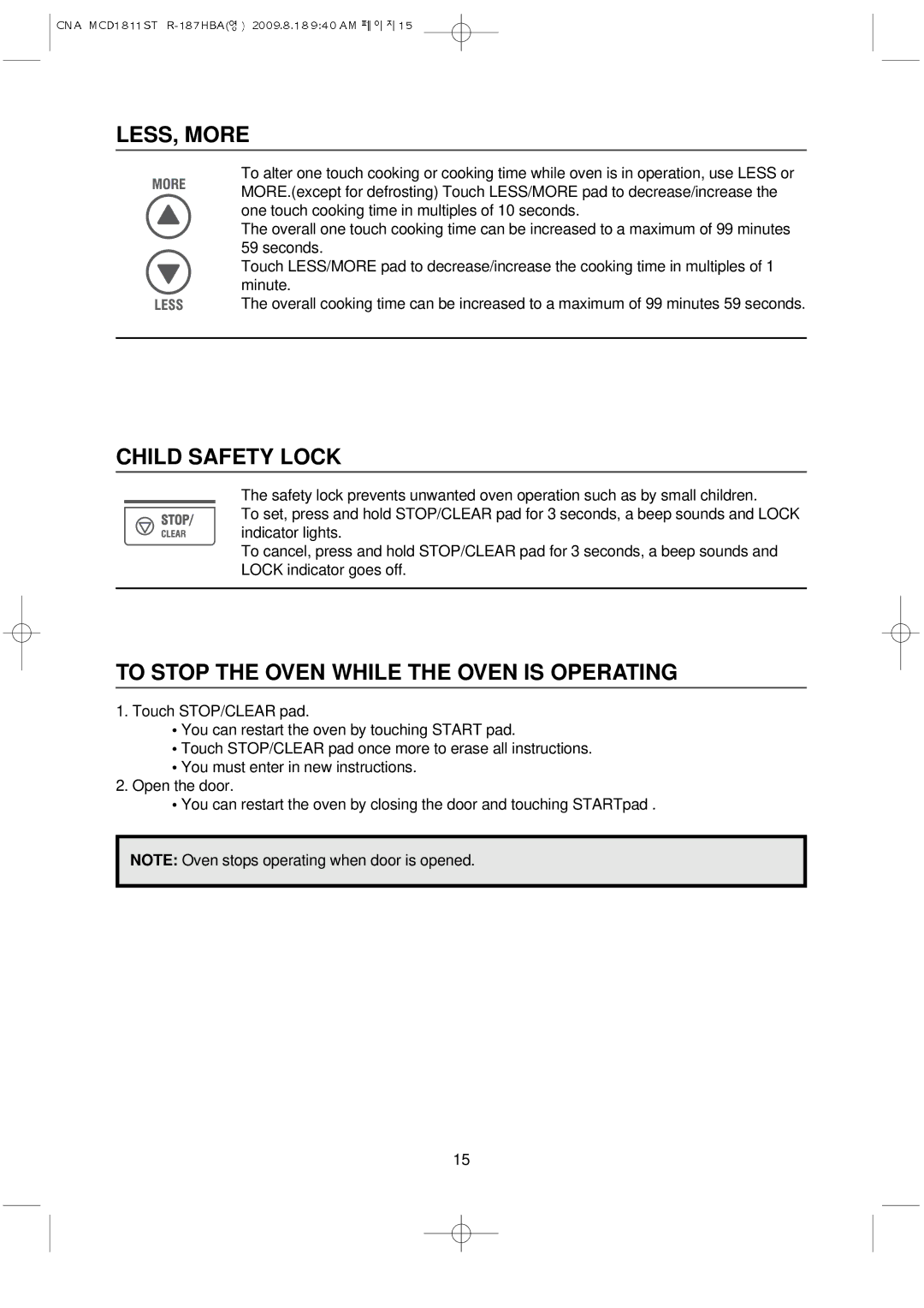 Magic Chef MCD1811ST instruction manual LESS, More, Child Safety Lock, To Stop the Oven While the Oven is Operating 