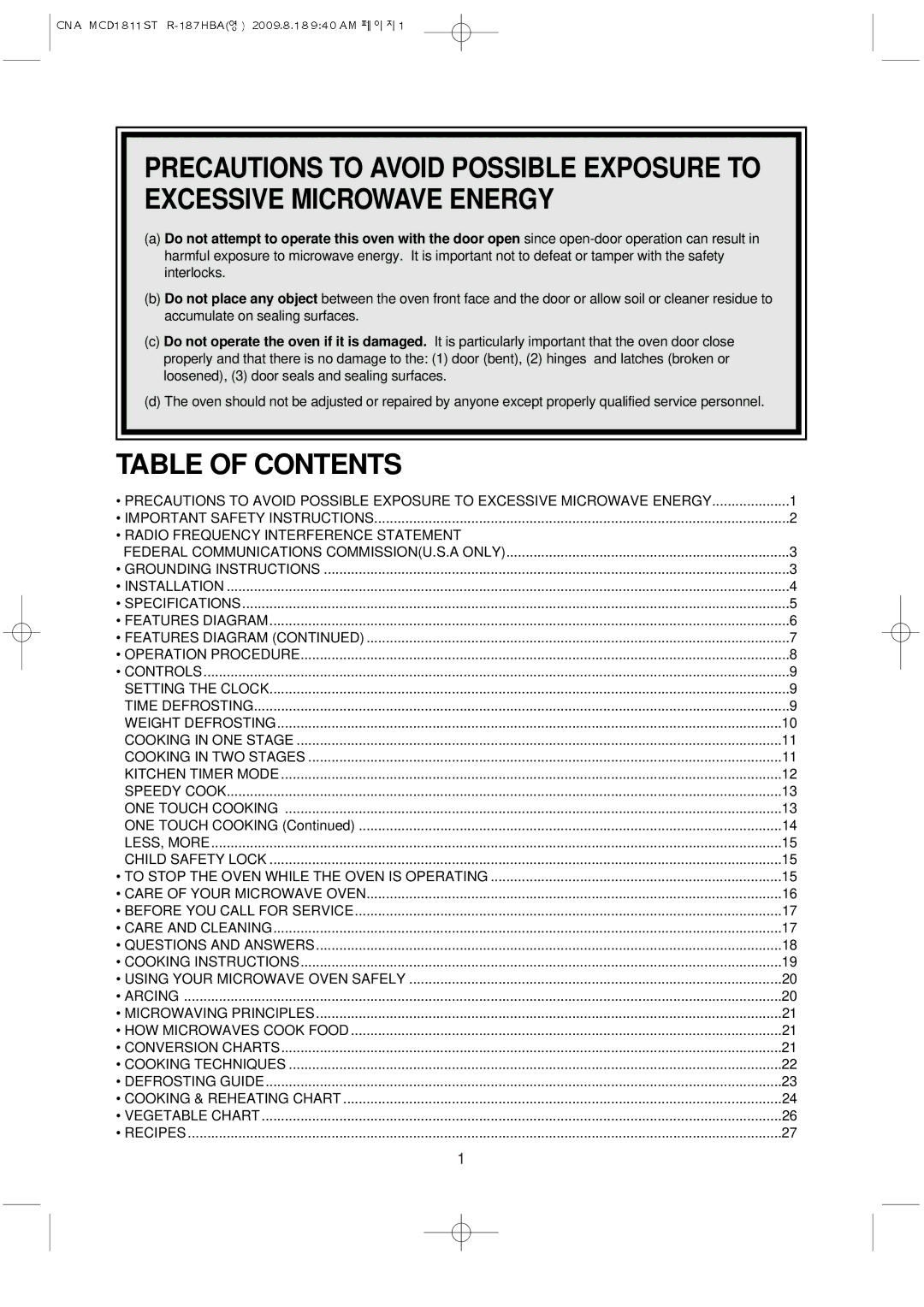 Magic Chef MCD1811ST instruction manual Table of Contents 