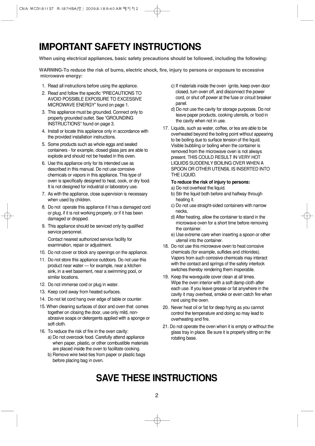 Magic Chef MCD1811ST instruction manual Important Safety Instructions, To reduce the risk of injury to persons 