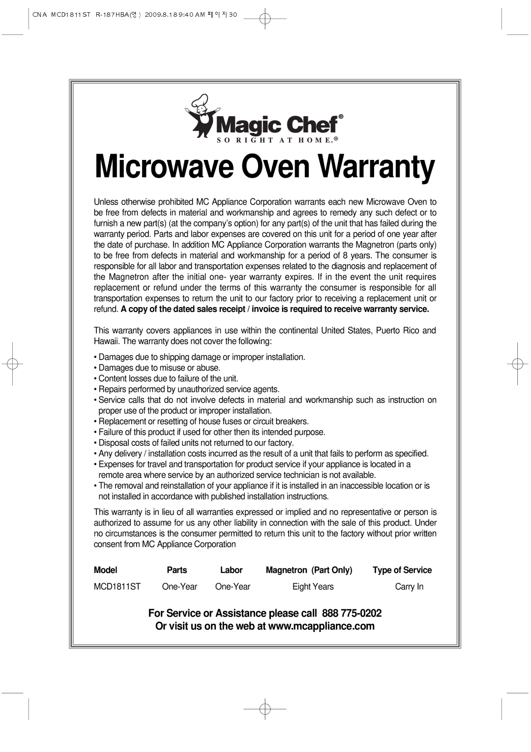 Magic Chef MCD1811ST instruction manual Microwave Oven Warranty, Type of Service 