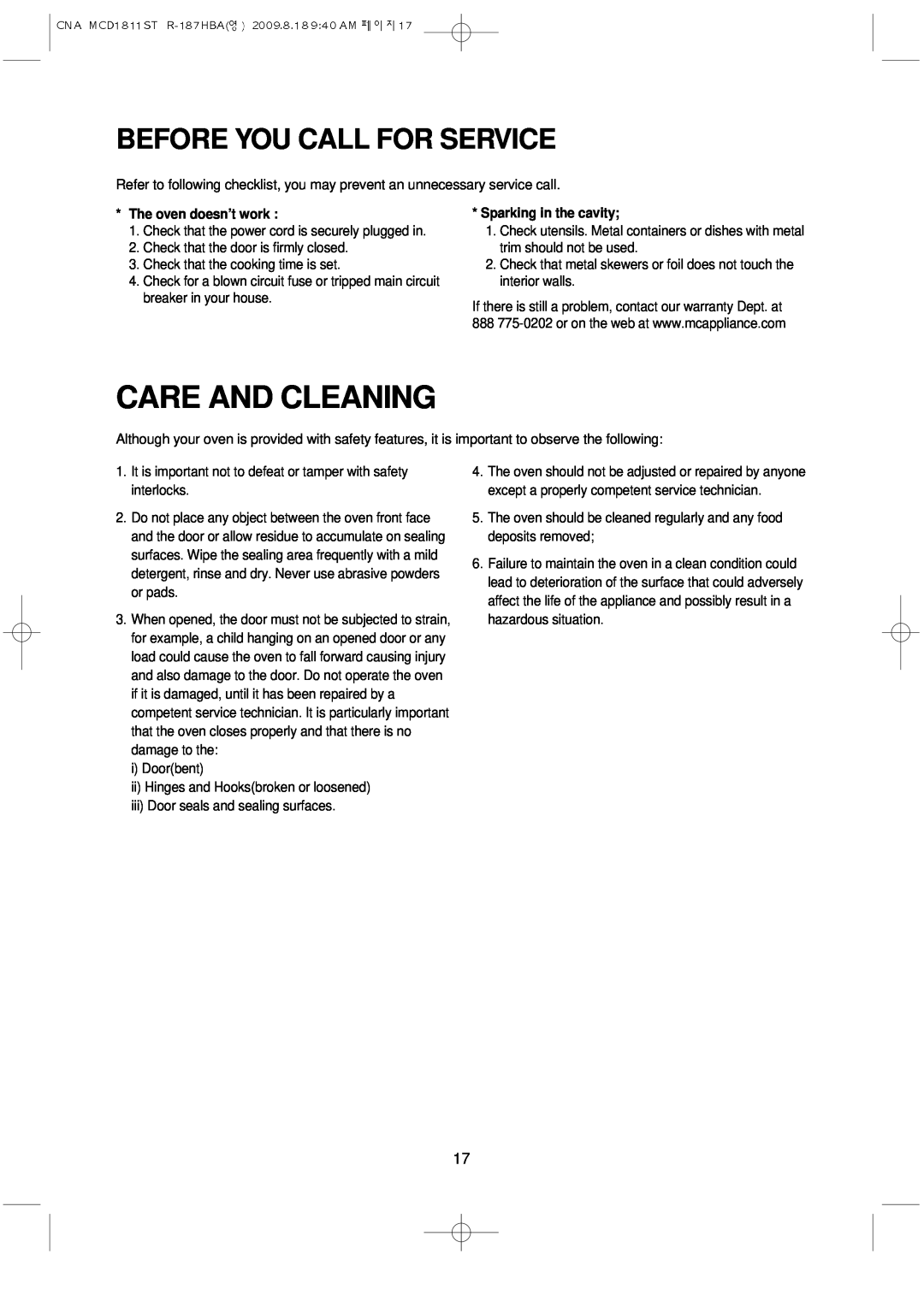 Magic Chef MCD1811ST instruction manual Care And Cleaning, Before You Call For Service 