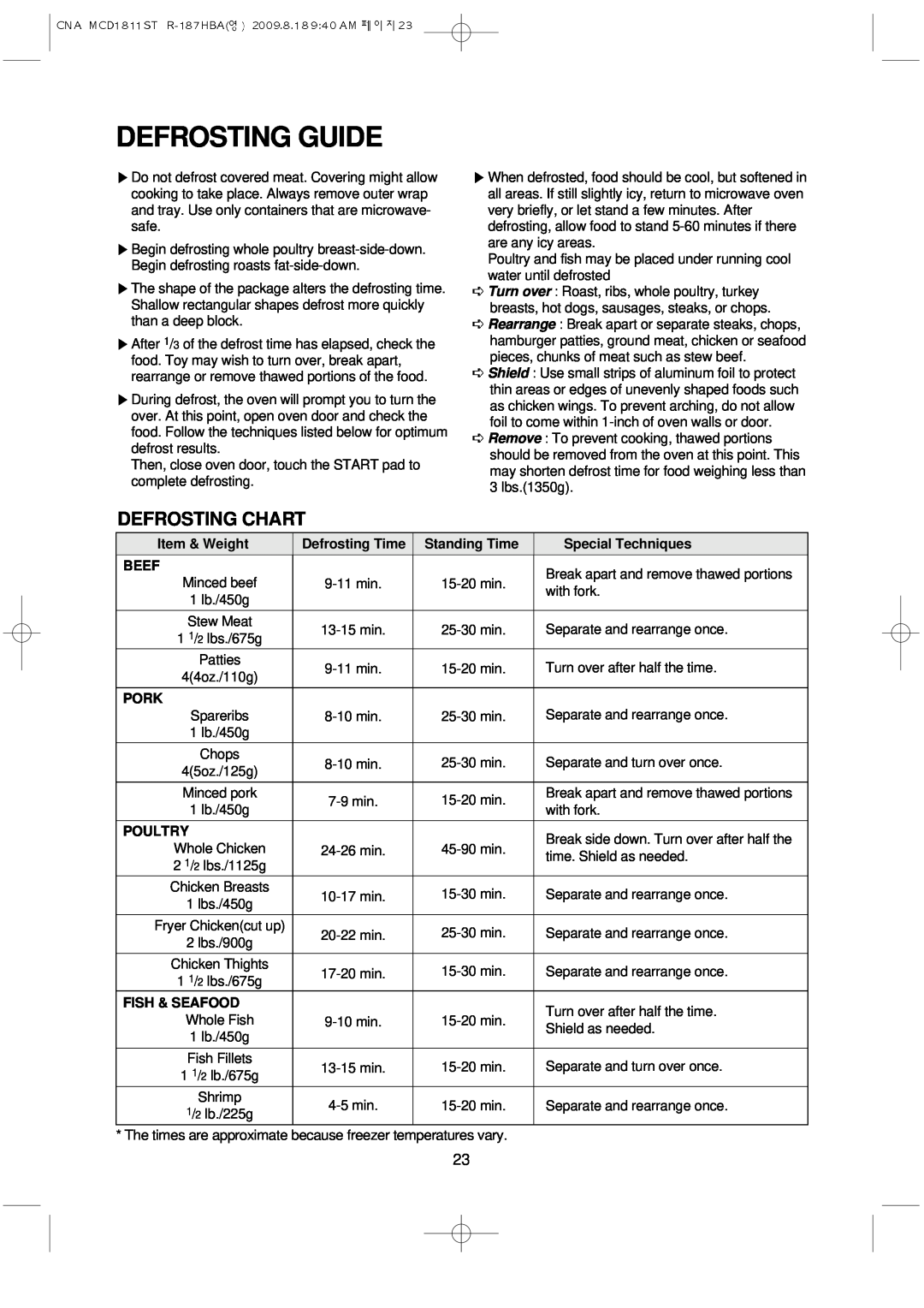 Magic Chef MCD1811ST instruction manual Defrosting Guide, Defrosting Chart 