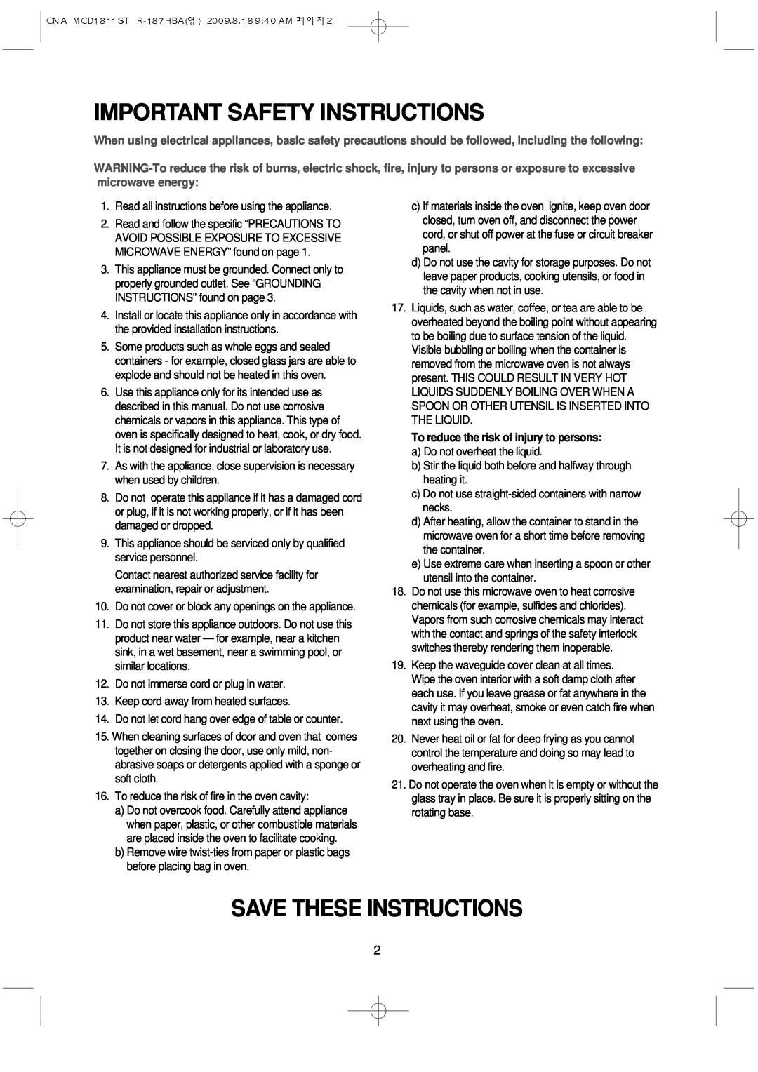 Magic Chef MCD1811ST Important Safety Instructions, Save These Instructions, To reduce the risk of injury to persons 