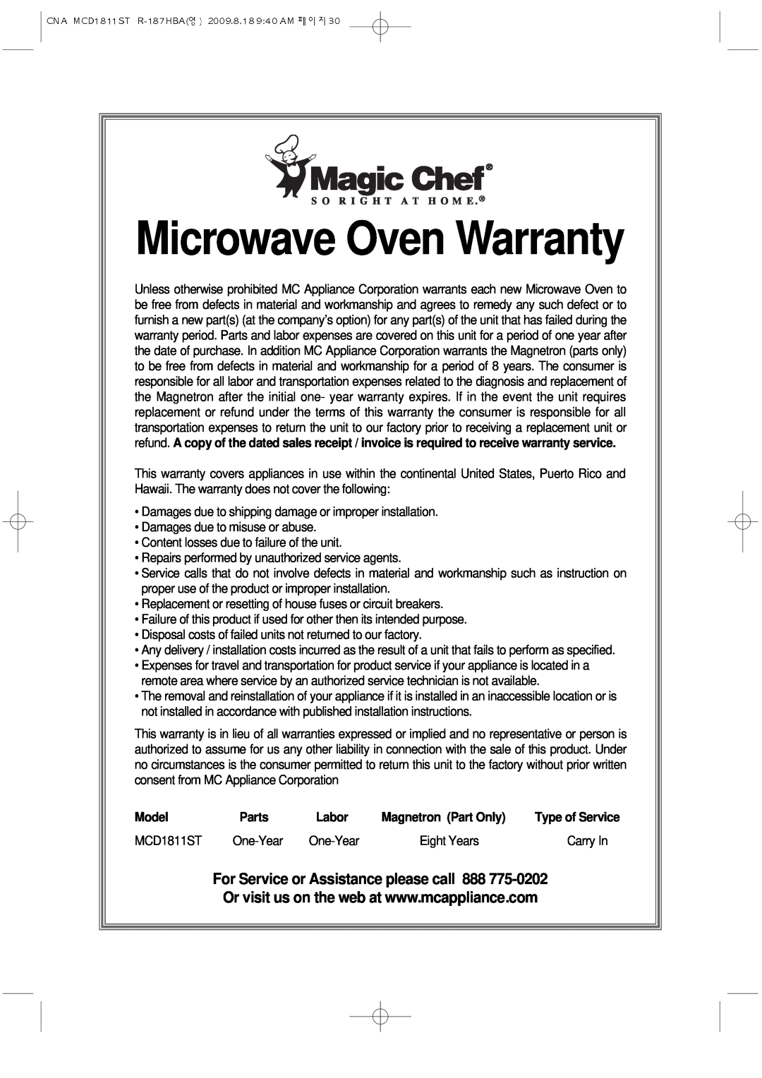 Magic Chef MCD1811ST instruction manual Microwave Oven Warranty, Model, Parts, Labor, Magnetron Part Only 