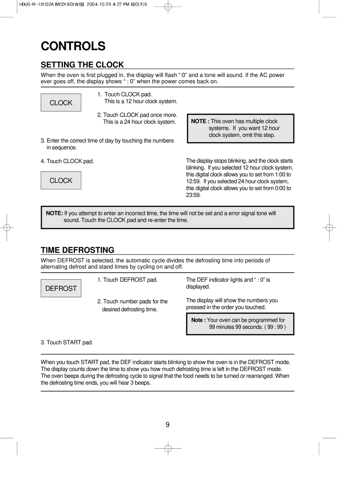 Magic Chef MCD18G1W instruction manual Controls, Setting the Clock, Time Defrosting 