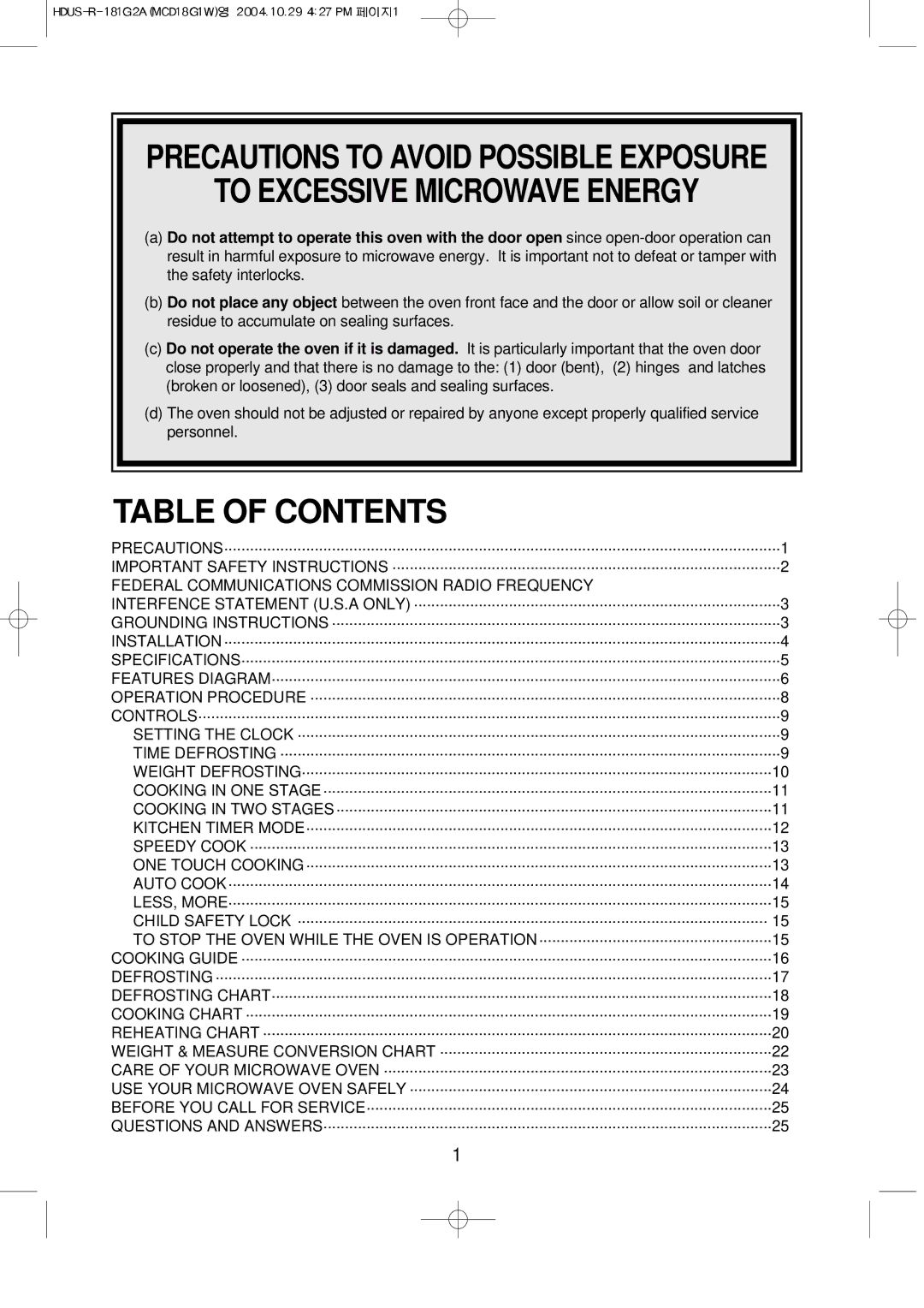 Magic Chef MCD18G1W instruction manual Table of Contents 