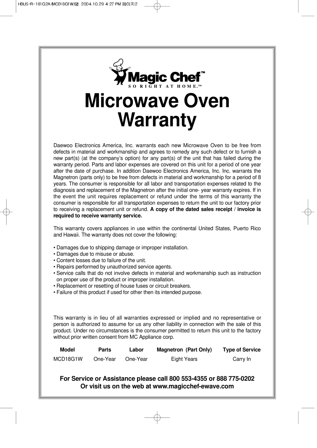 Magic Chef MCD18G1W instruction manual Microwave Oven Warranty 