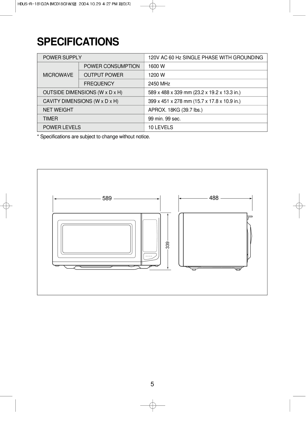 Magic Chef MCD18G1W instruction manual Specifications 