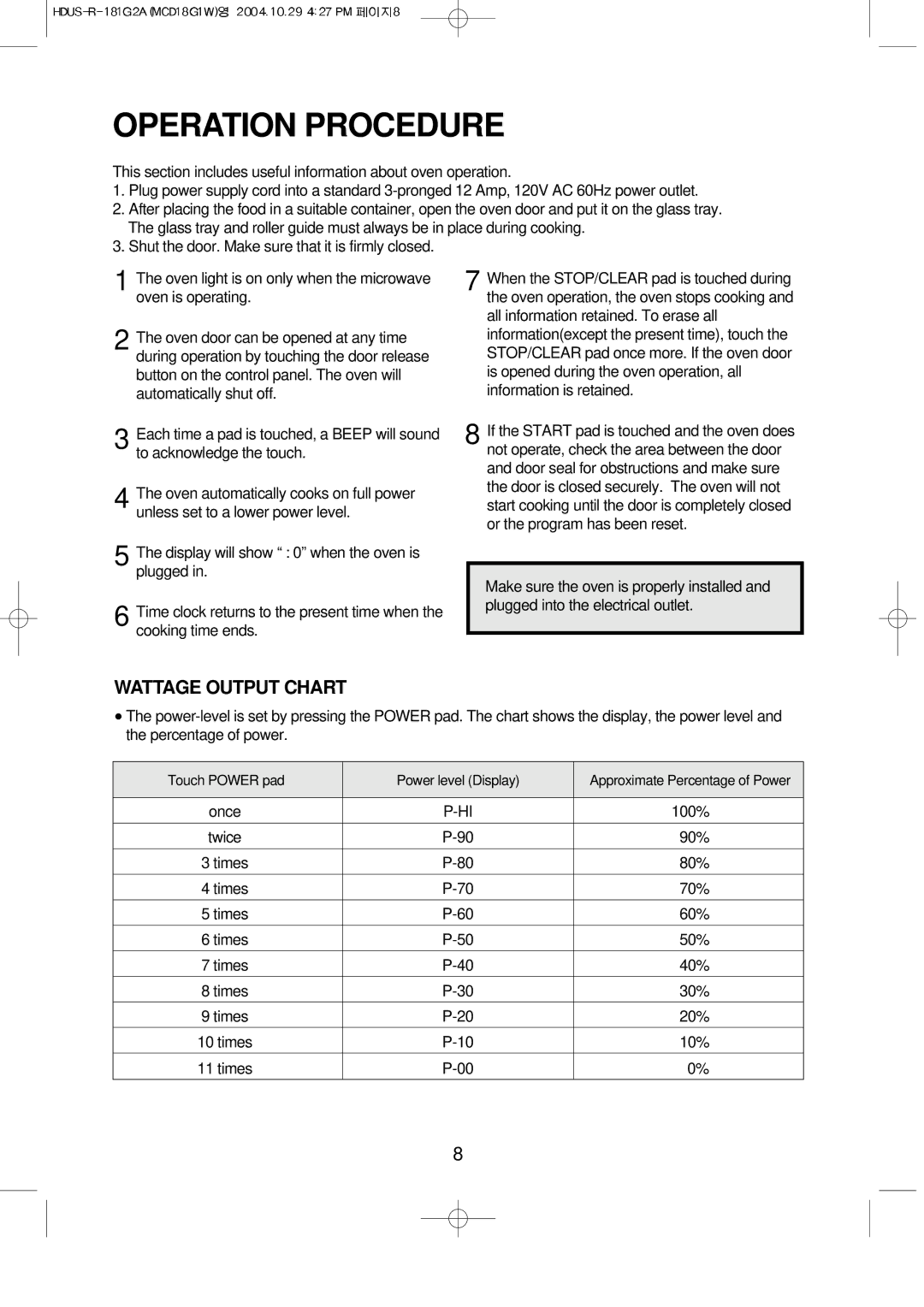 Magic Chef MCD18G1W instruction manual Operation Procedure, Wattage Output Chart 