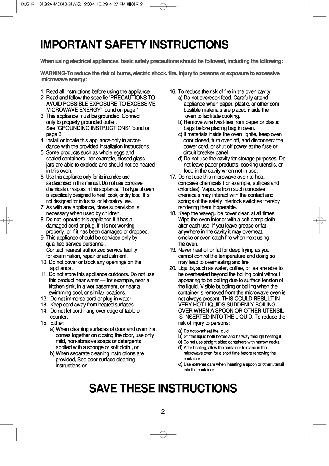 Magic Chef MCD18G1W instruction manual Important Safety Instructions, Save These Instructions 