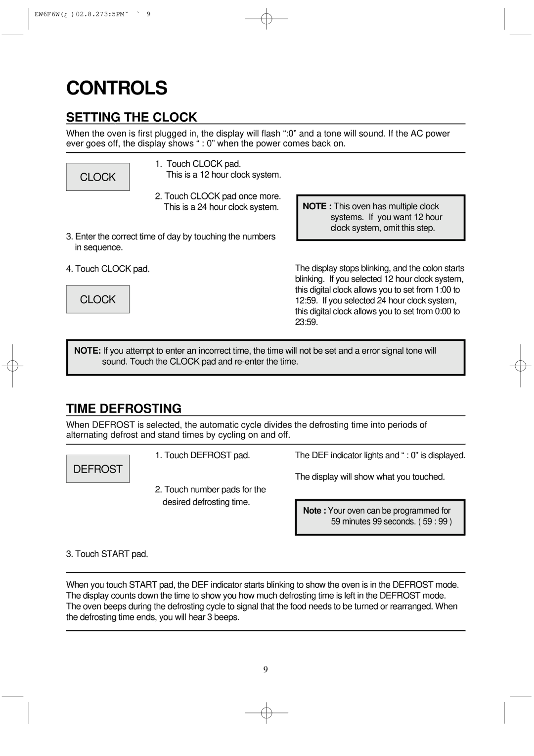 Magic Chef MCD760W instruction manual Controls, Setting the Clock, Time Defrosting 