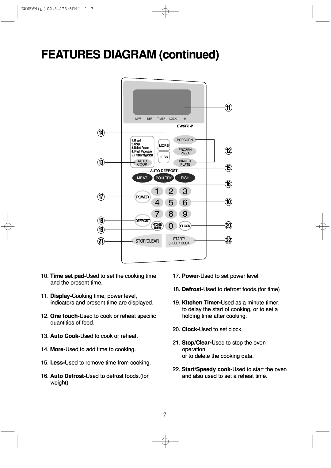 Magic Chef MCD760W instruction manual FEATURES DIAGRAM continued, r e u i o a, q w t y 0 p s 