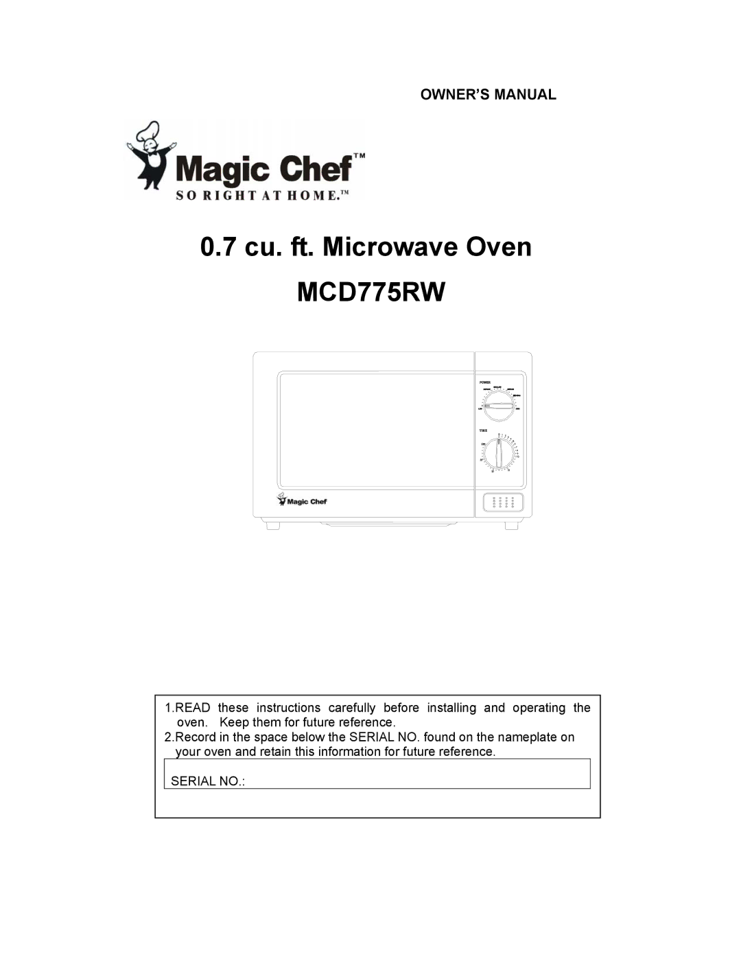 Magic Chef owner manual Cu. ft. Microwave Oven MCD775RW 