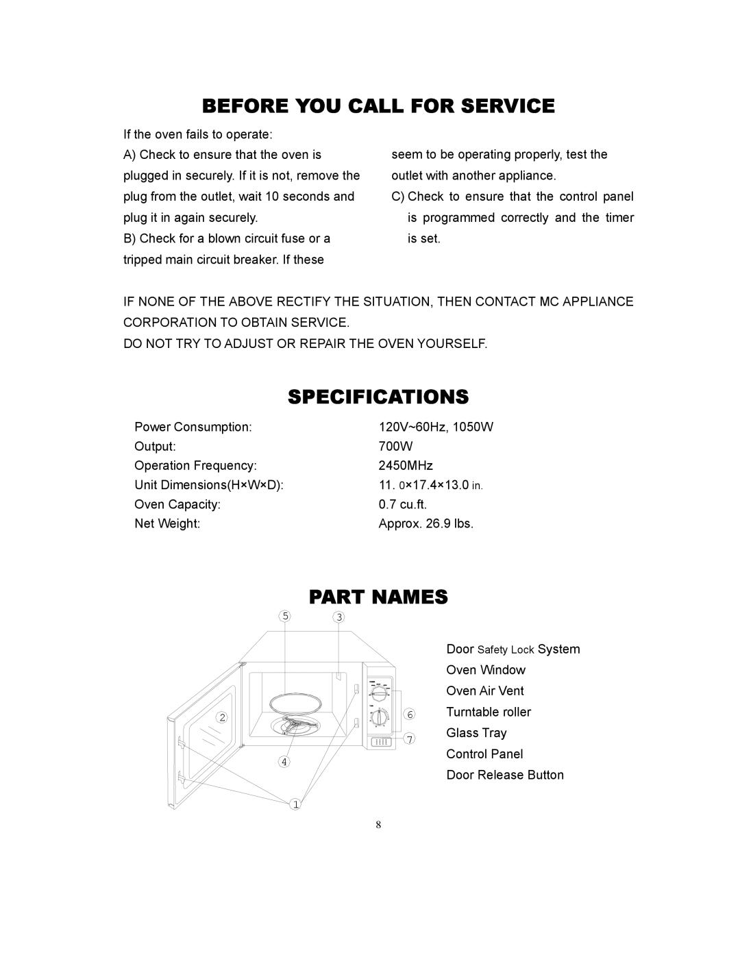 Magic Chef MCD775RW owner manual Before YOU Call for Service, Specifications, Part Names 