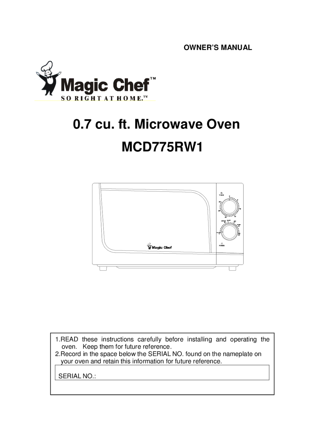 Magic Chef owner manual Cu. ft. Microwave Oven MCD775RW1 