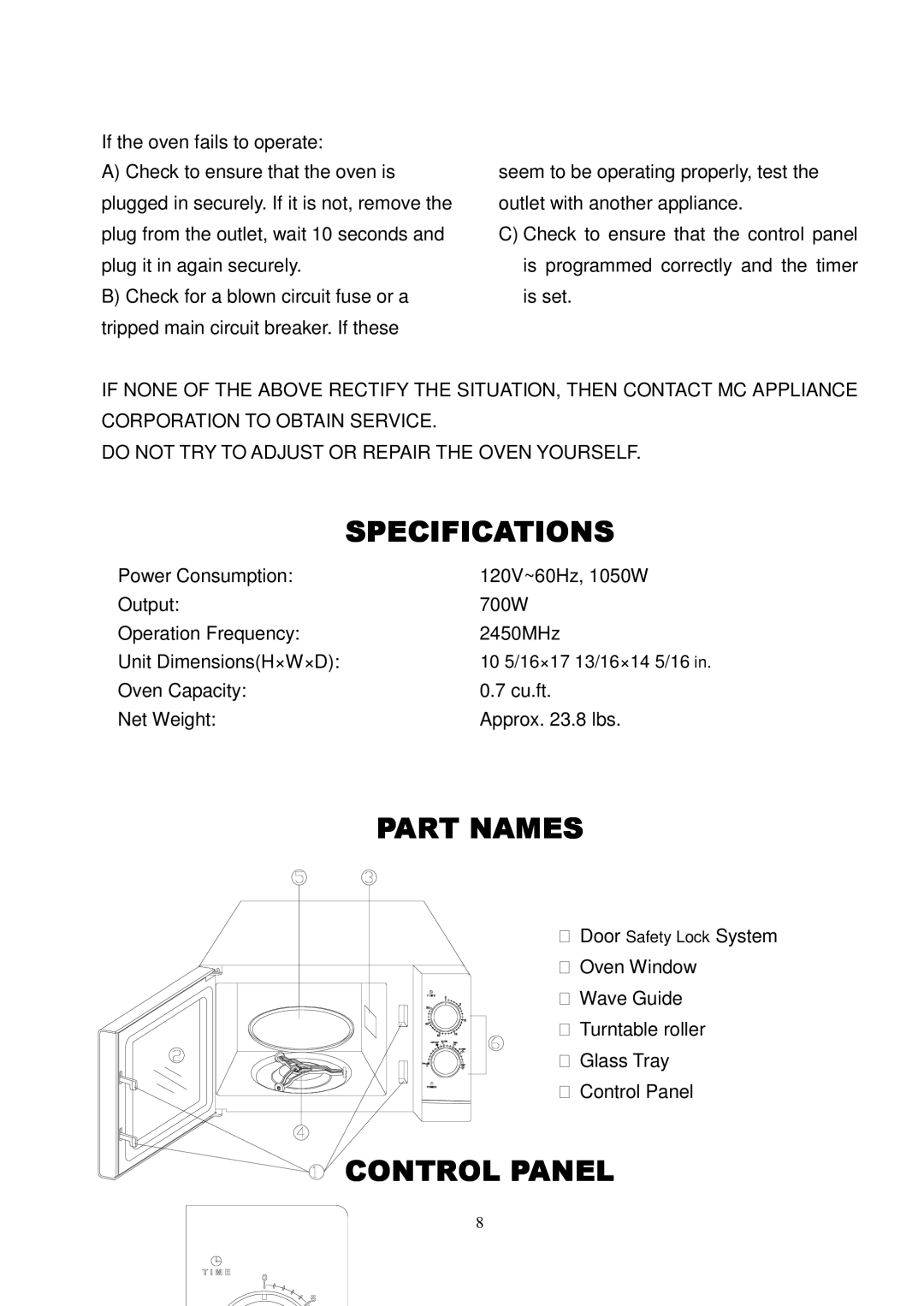 Magic Chef MCD775RW1 owner manual Specifications, Part Names, Control Panel 