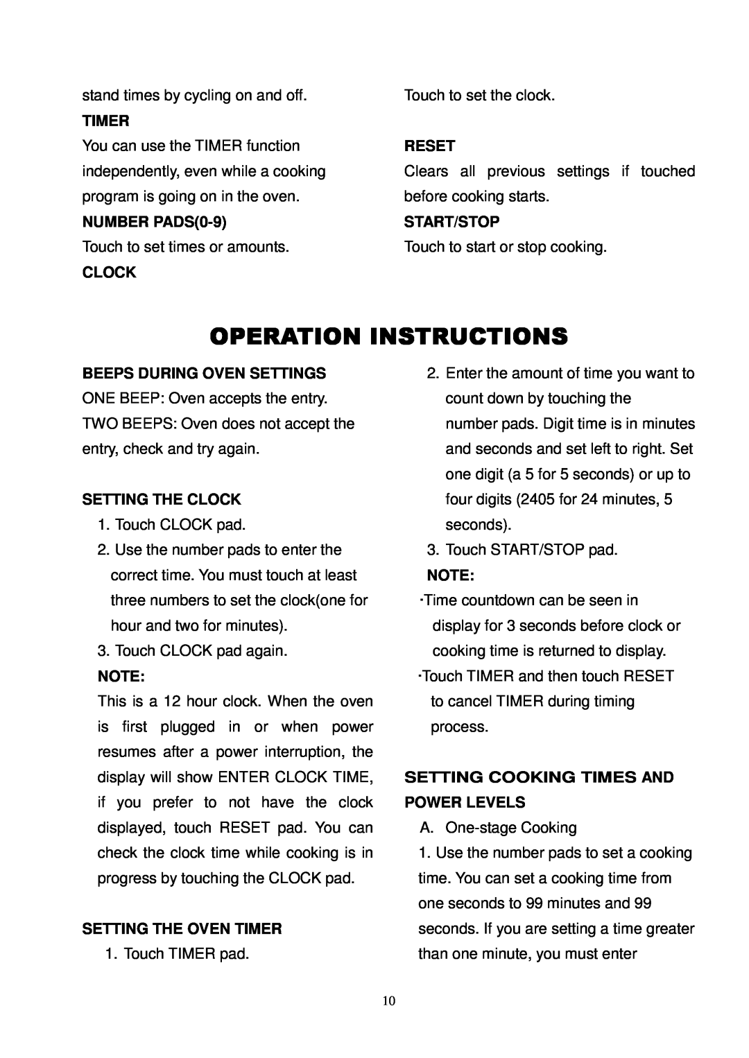 Magic Chef MCD775ST Operation Instructions, Timer, NUMBER PADS0-9, Clock, Reset, Start/Stop, Beeps During Oven Settings 