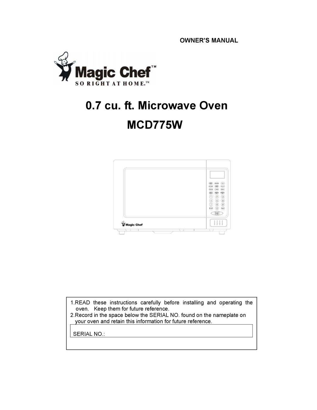 Magic Chef owner manual Cu. ft. Microwave Oven MCD775W 