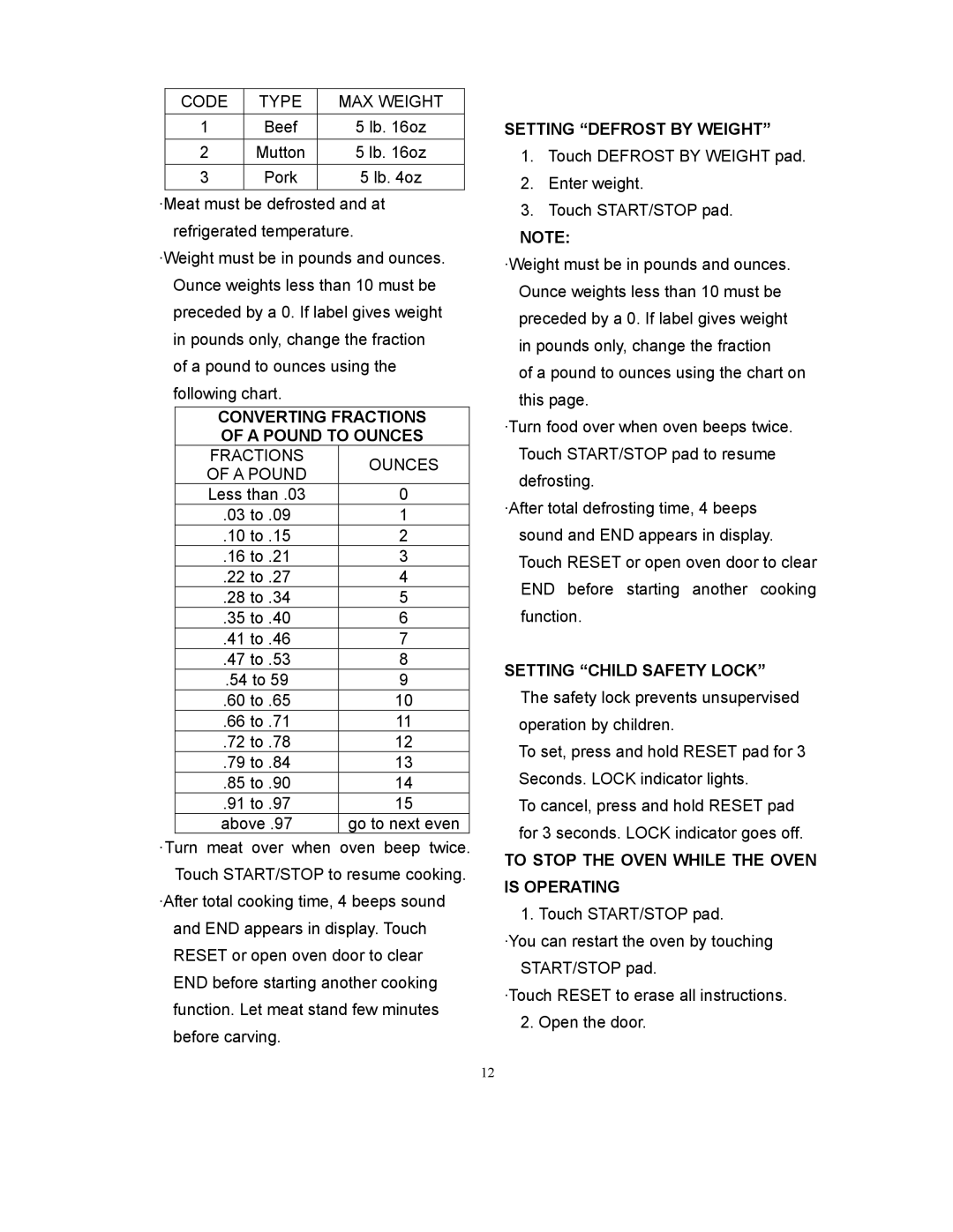 Magic Chef MCD775W Converting Fractions A Pound to Ounces, Setting Defrost by Weight, Setting Child Safety Lock 