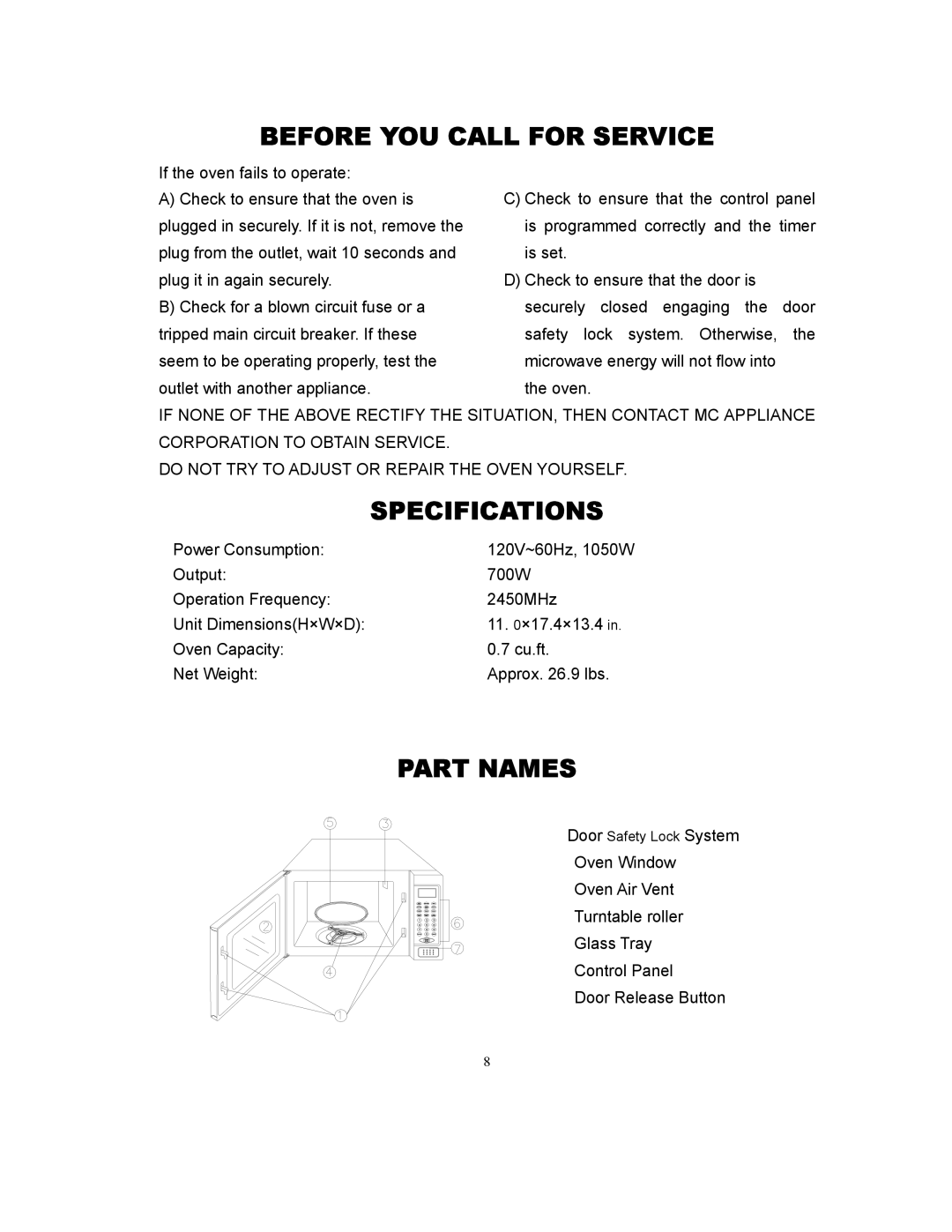 Magic Chef MCD775W owner manual Before YOU Call for Service, Specifications, Part Names 