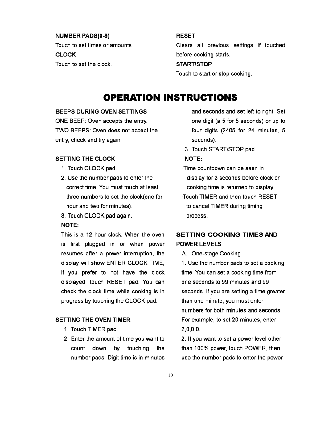 Magic Chef MCD775W Operation Instructions, NUMBER PADS0-9, Clock, Reset, Start/Stop, Beeps During Oven Settings 