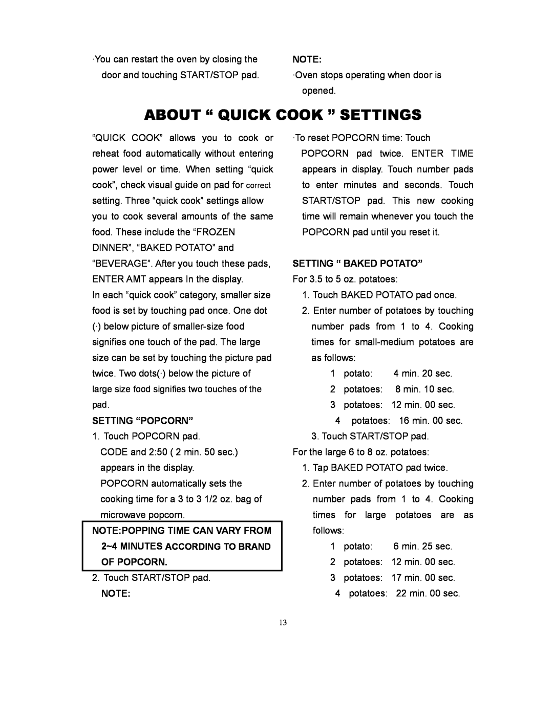 Magic Chef MCD775W owner manual About “ Quick Cook ” Settings, Setting “Popcorn”, Setting “ Baked Potato” 