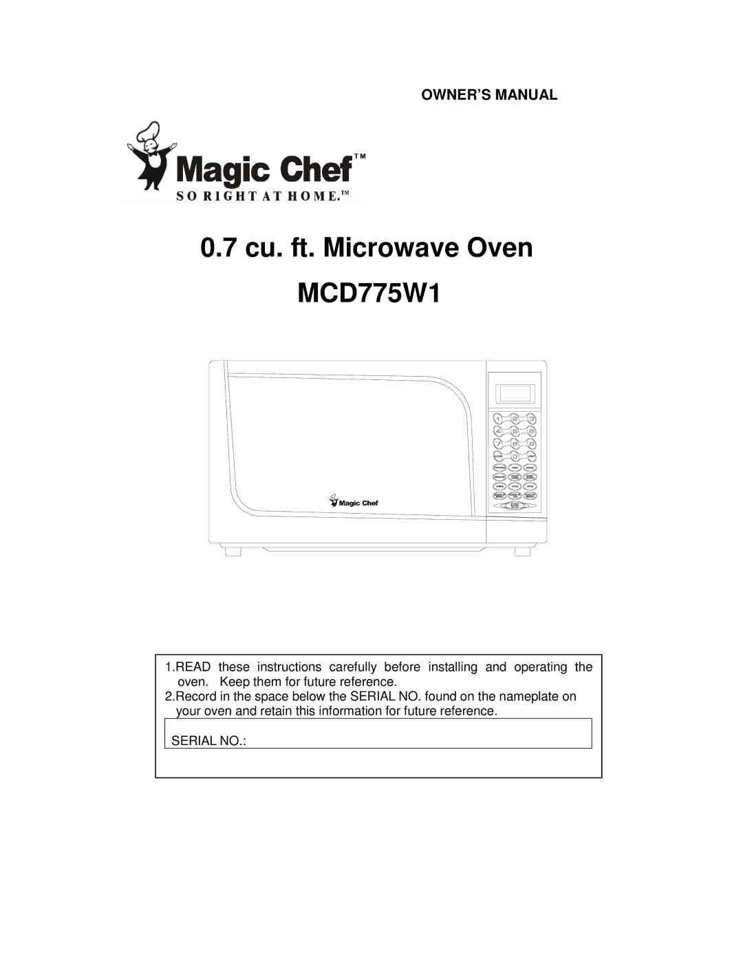 Magic Chef owner manual Cu. ft. Microwave Oven MCD775W1 