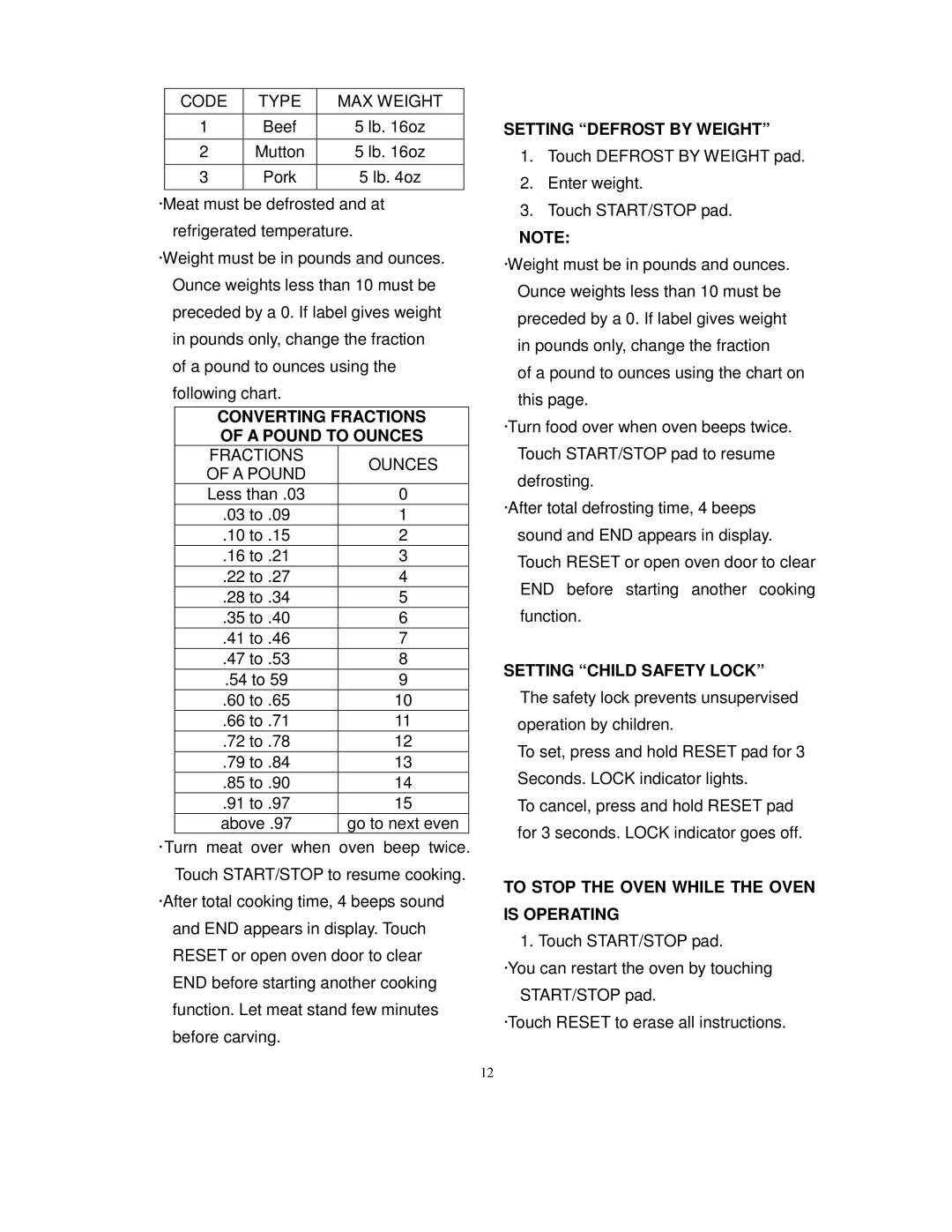 Magic Chef MCD775W1 Converting Fractions A Pound to Ounces, Setting Defrost by Weight, Setting Child Safety Lock 