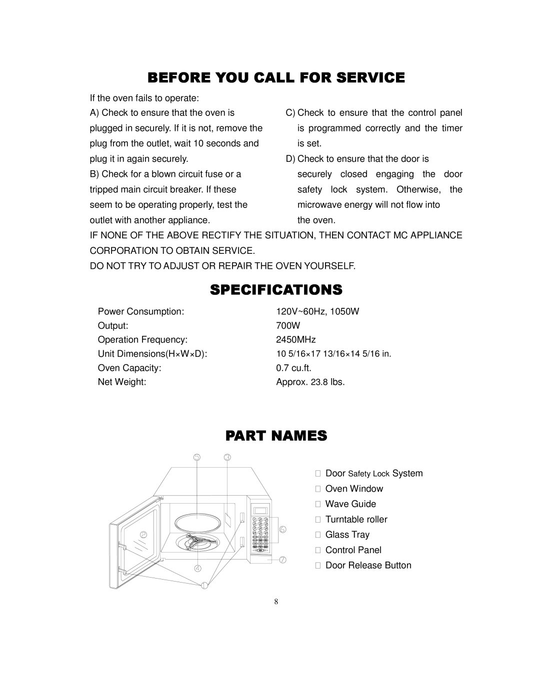 Magic Chef MCD775W1 owner manual Before YOU Call for Service, Specifications, Part Names 