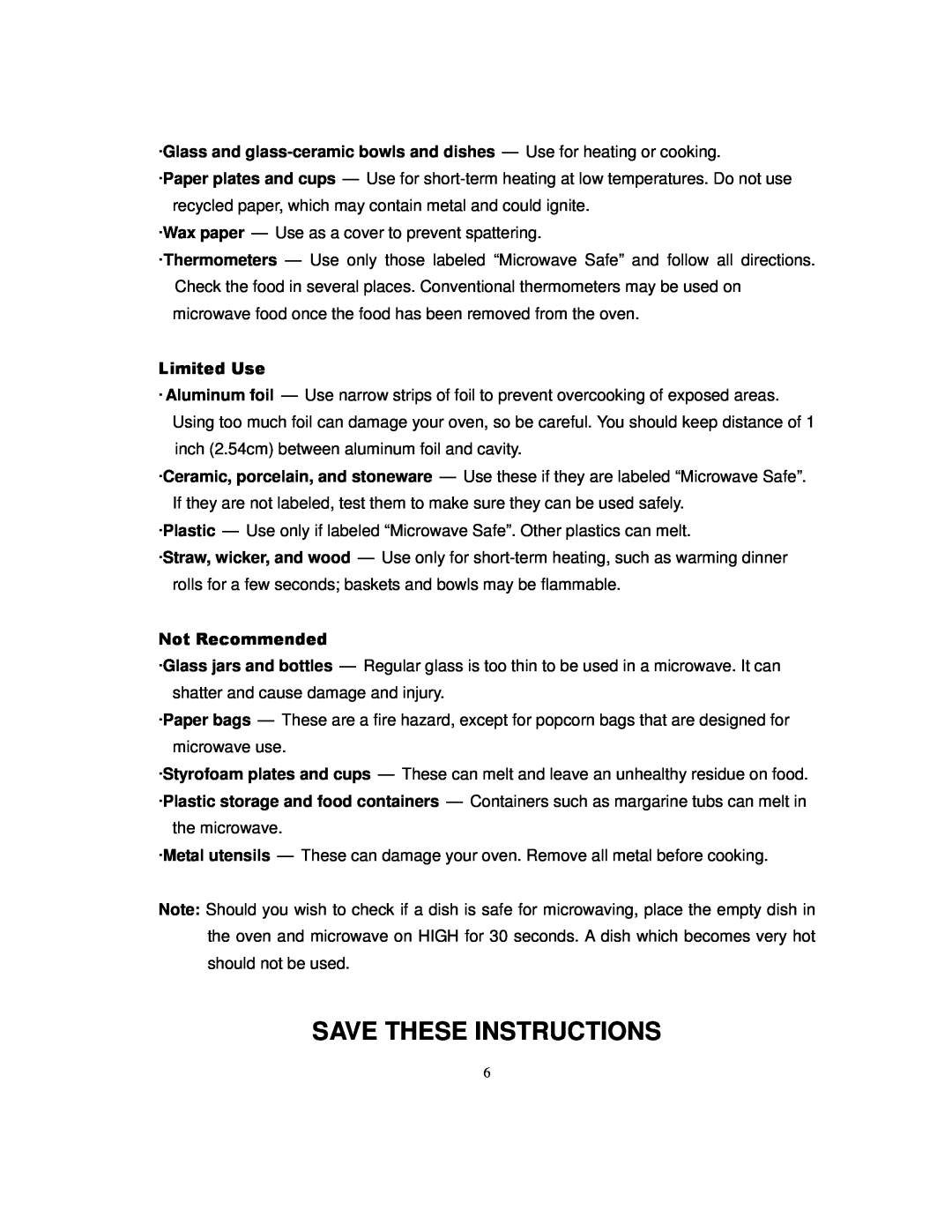 Magic Chef MCD775W1 owner manual Save These Instructions, ·Wax paper - Use as a cover to prevent spattering 