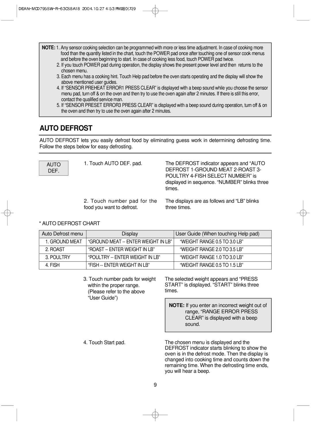 Magic Chef MCD795SW operating instructions Auto Defrost, Defrost 1-GROUND Meat 2-ROAST 