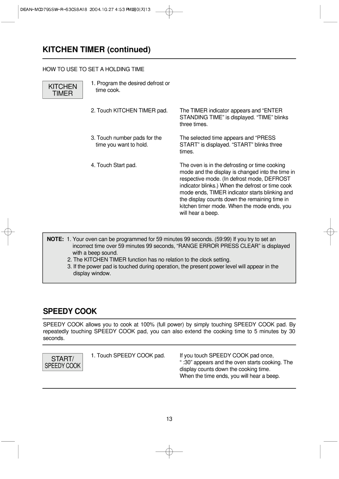 Magic Chef MCD795SW operating instructions Speedy Cook, Start 