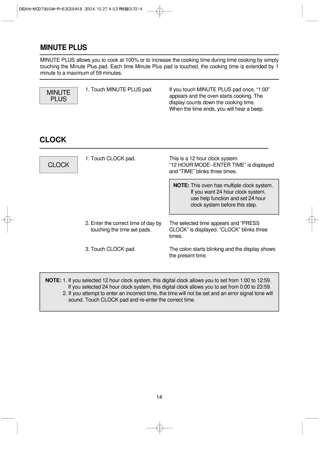 Magic Chef MCD795SW operating instructions Minute Plus, Clock 