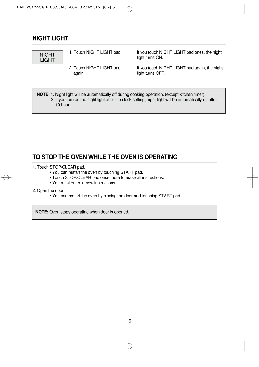 Magic Chef MCD795SW operating instructions Night Light, To Stop the Oven While the Oven is Operating 